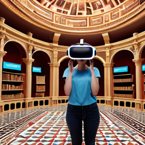 Home 11 **A person wearing a VR headset, inside a virtual "memory palace," with vocabulary words visualized as objects arranged spatially. The scene should evoke a sense of immersion and enhanced learning, perhaps with glowing connections between the objects.**