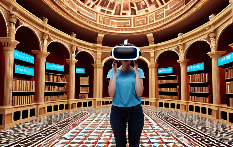 **A person wearing a VR headset, inside a virtual "memory palace," with vocabulary words visualized as objects arranged spatially. The scene should evoke a sense of immersion and enhanced learning, perhaps with glowing connections between the objects.**