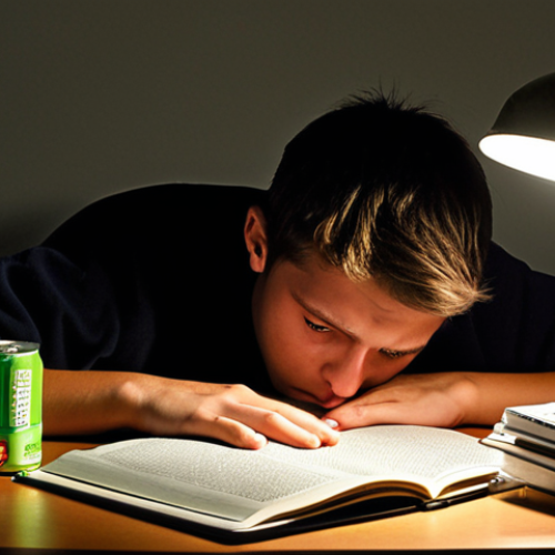 Home 6 **A student hunched over textbooks late at night, illuminated by a harsh lamp. Pills and energy drinks litter the desk. The student's face is strained with exhaustion and anxiety, hinting at the dark side of "brain doping" for exams.** (This image captures the health risks and potential for mental dependency associated with nootropics.)
