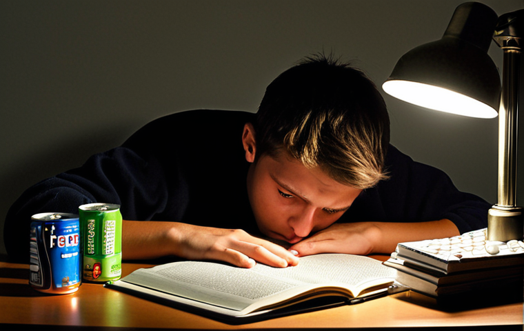 **A student hunched over textbooks late at night, illuminated by a harsh lamp. Pills and energy drinks litter the desk. The student's face is strained with exhaustion and anxiety, hinting at the dark side of "brain doping" for exams.** (This image captures the health risks and potential for mental dependency associated with nootropics.)
