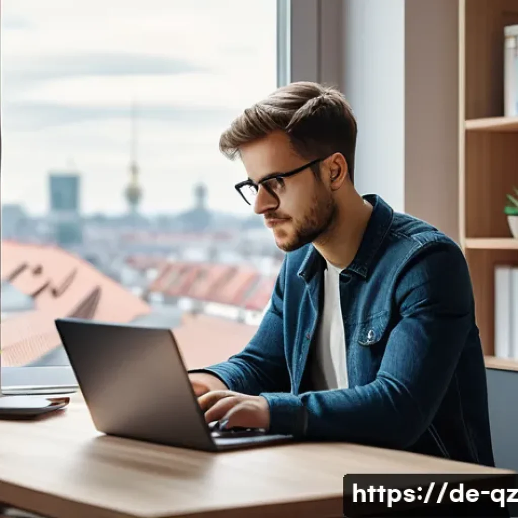 소셜 미디어와 인지능력 증강의 관계 - A modern German home office scene showing a young adult working at a sleek desk with a laptop, smart...