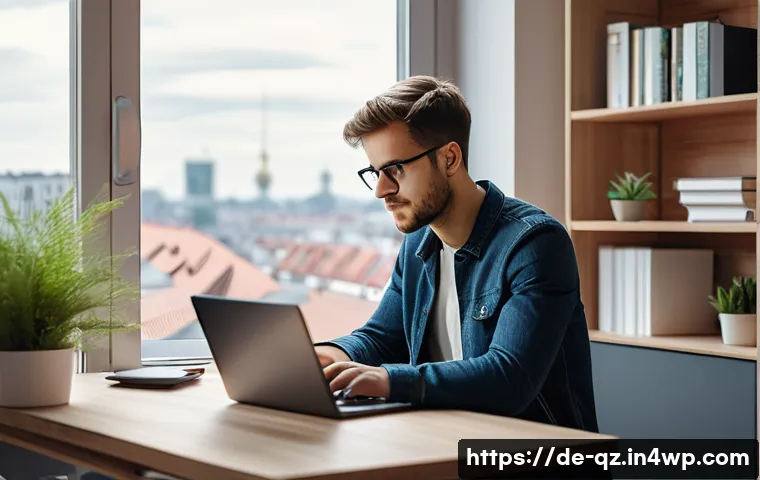 소셜 미디어와 인지능력 증강의 관계 - A modern German home office scene showing a young adult working at a sleek desk with a laptop, smart...