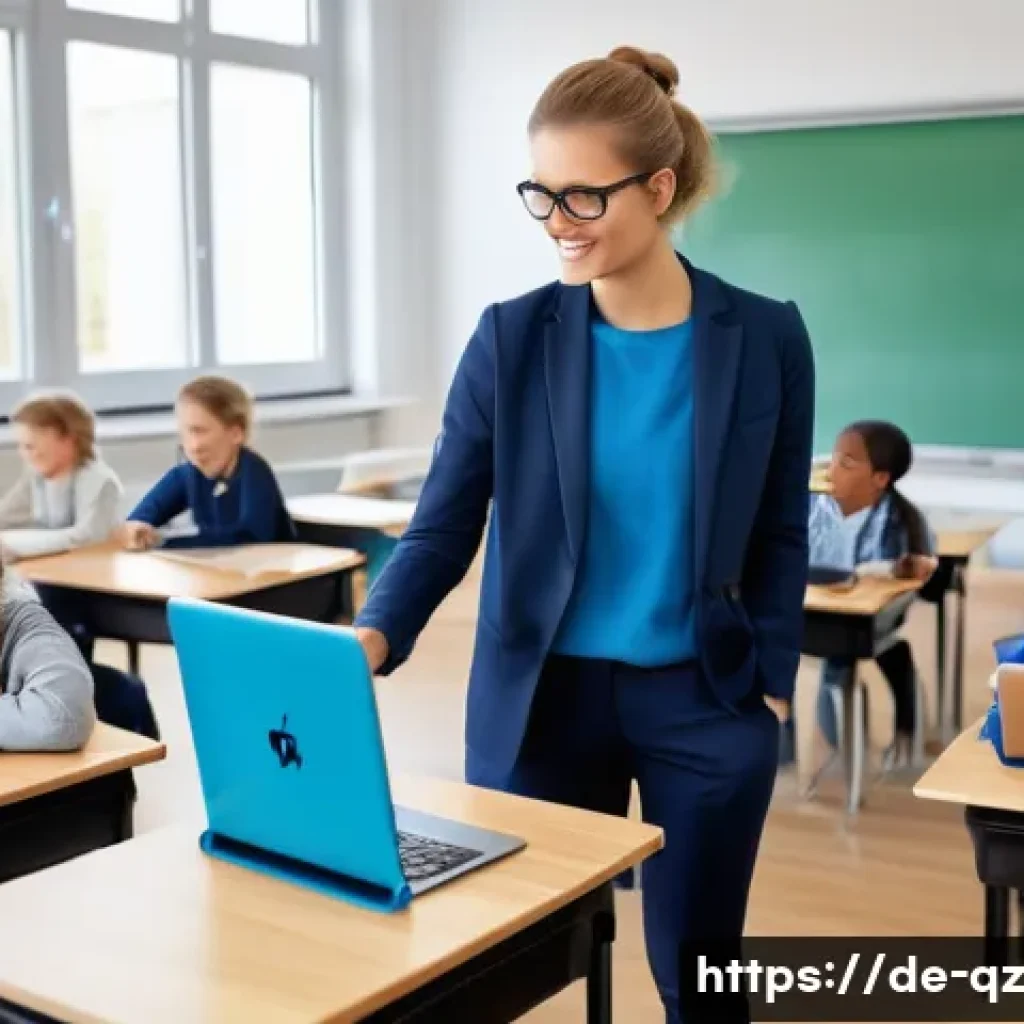 인지능력 증강 기술의 사회적 영향 - A modern classroom scene in Germany featuring diverse students using adaptive learning platforms on ...