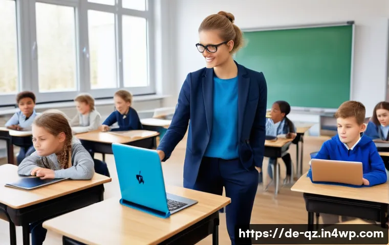 인지능력 증강 기술의 사회적 영향 - A modern classroom scene in Germany featuring diverse students using adaptive learning platforms on ...