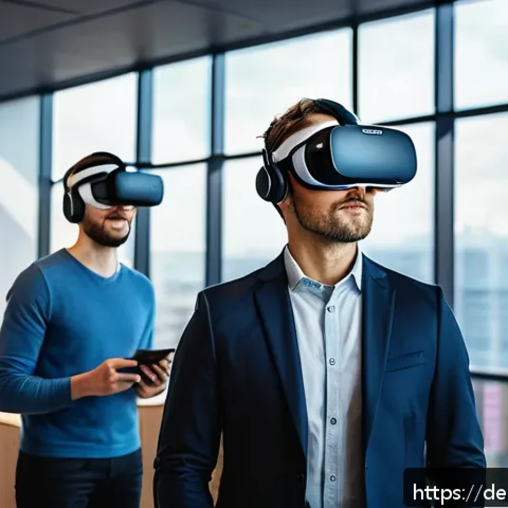 인지능력 증강을 위한 시뮬레이션 기술 - A professional virtual reality training environment set in a modern German office, showing a diverse...