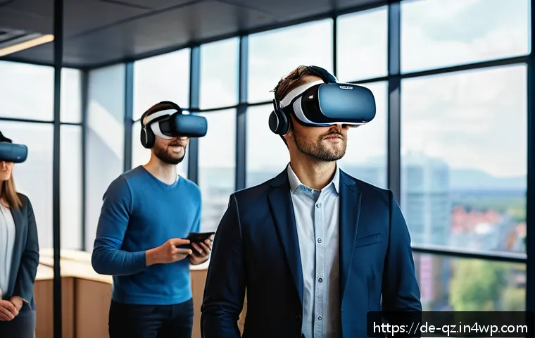 인지능력 증강을 위한 시뮬레이션 기술 - A professional virtual reality training environment set in a modern German office, showing a diverse...