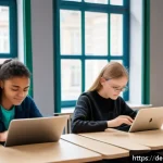 Home 19 인지능력 증강 기술의 사회적 책임 - A modern German classroom scene in Berlin featuring diverse students aged 15-18 using neurofeedback-...