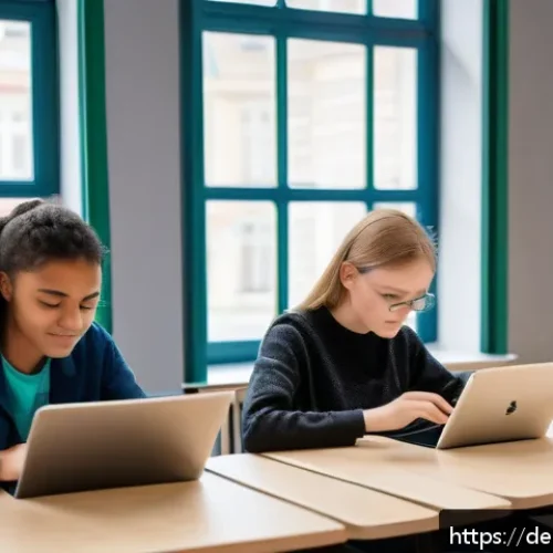 Home 31 인지능력 증강 기술의 사회적 책임 - A modern German classroom scene in Berlin featuring diverse students aged 15-18 using neurofeedback-...