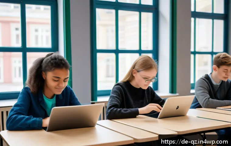 인지능력 증강 기술의 사회적 책임 - A modern German classroom scene in Berlin featuring diverse students aged 15-18 using neurofeedback-...