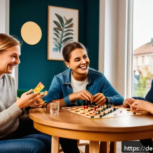 Home 30 인지능력 증강을 위한 커뮤니티와 네트워킹 - A diverse group of adults in a cozy modern living room, engaged in a lively board game night. The sc...