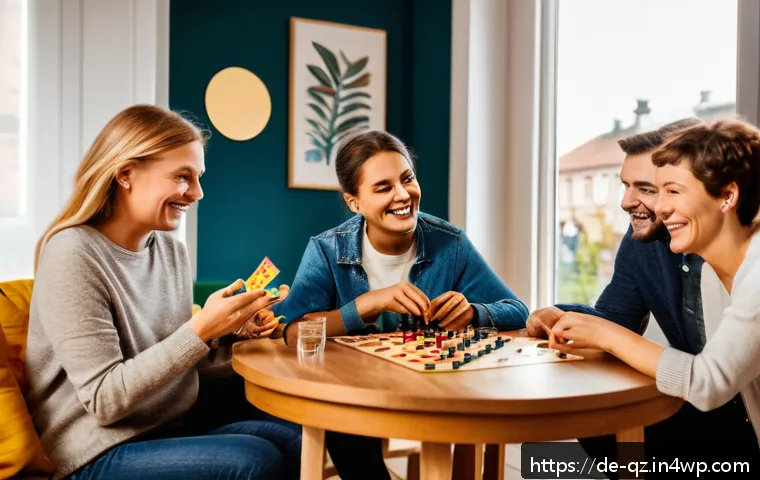 인지능력 증강을 위한 커뮤니티와 네트워킹 - A diverse group of adults in a cozy modern living room, engaged in a lively board game night. The sc...