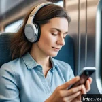 Home 23 인지능력 증강 기술과 뇌 건강 - A middle-aged German woman sitting comfortably on a modern train during her commute, wearing casual ...