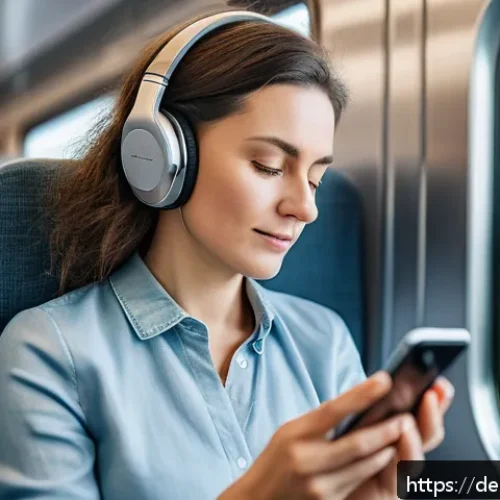 Home 17 인지능력 증강 기술과 뇌 건강 - A middle-aged German woman sitting comfortably on a modern train during her commute, wearing casual ...